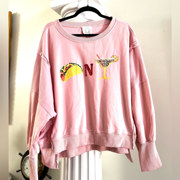 Boutique Fantastic Fawn Tacos & Margaritas Sequin Patch Light Pink Sweatshirt 🌮🍹 - Picture 6 of 14